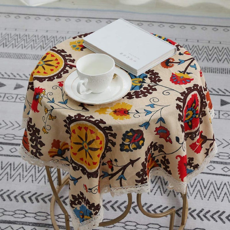 Aothpher Modern Boho Floral Jacquard Washable Tablecloths with Lace for Dining Table, 35x35 Inches - Image 3